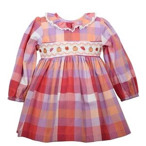 Bonnie Baby Multicolor Plaid Dress with Pumpkin Detail Pom